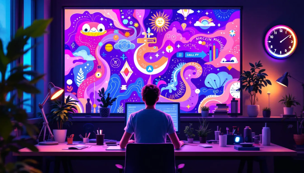 Espace créatif moderne avec illustrations générées par DALL-E et un écrivain utilisant ChatGPT pour créer du contenu.