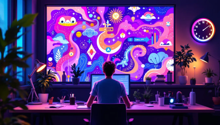 Espace créatif moderne avec illustrations générées par DALL-E et un écrivain utilisant ChatGPT pour créer du contenu.