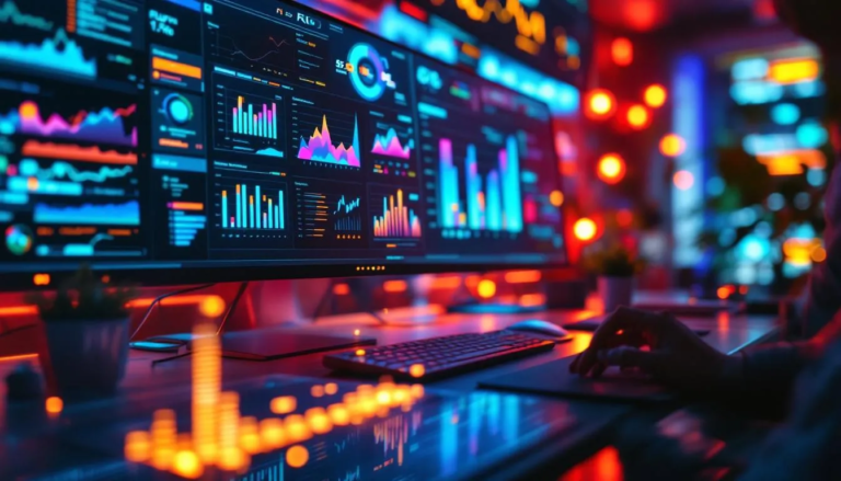 Espace de travail numérique animé montrant des infographies et outils IA, illustrant la création d'infographies avec l'intelligence artificielle.