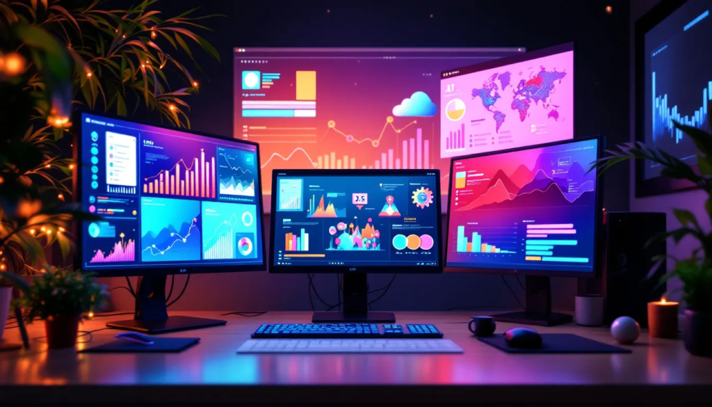Espace de travail d'infographie avec outils de conception IA, montrant des visuels dynamiques pour la communication efficace.