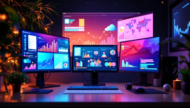 Espace de travail d'infographie avec outils de conception IA, montrant des visuels dynamiques pour la communication efficace.