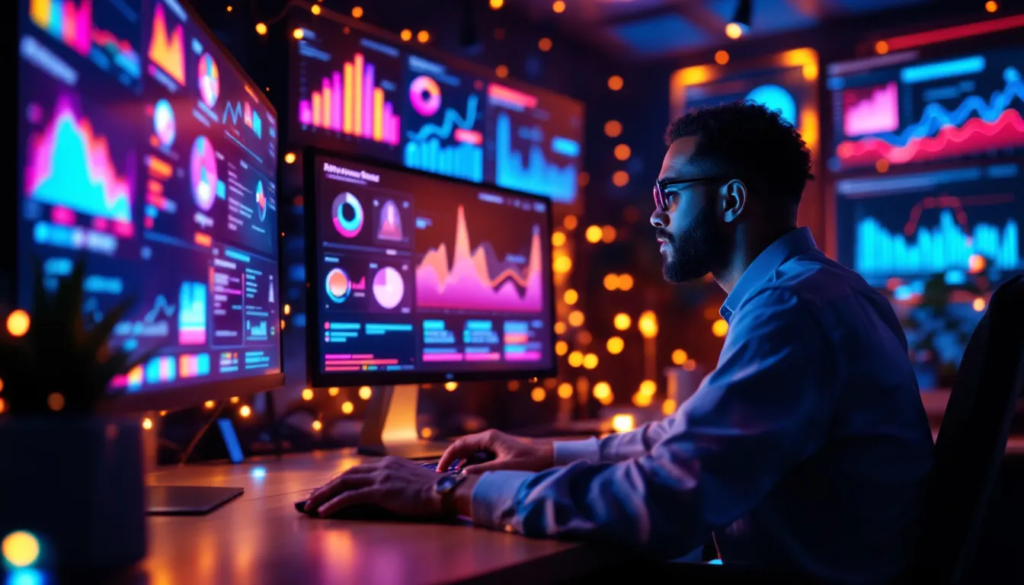 Espace de travail dynamique montrant des outils d'IA pour le marketing digital, illustrant l'innovation et la créativité.