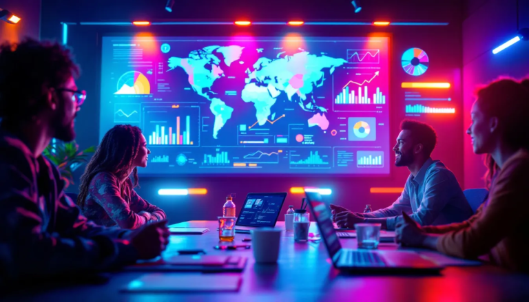 Réunion dynamique sur les stratégies de marketing digital et l'impact de l'IA avec des professionnels dans un environnement moderne.
