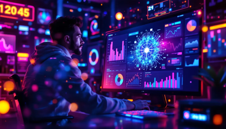Scène de marketing digital avec outils IA analysant des données, illustrant l'impact de l'intelligence artificielle sur les campagnes marketing.