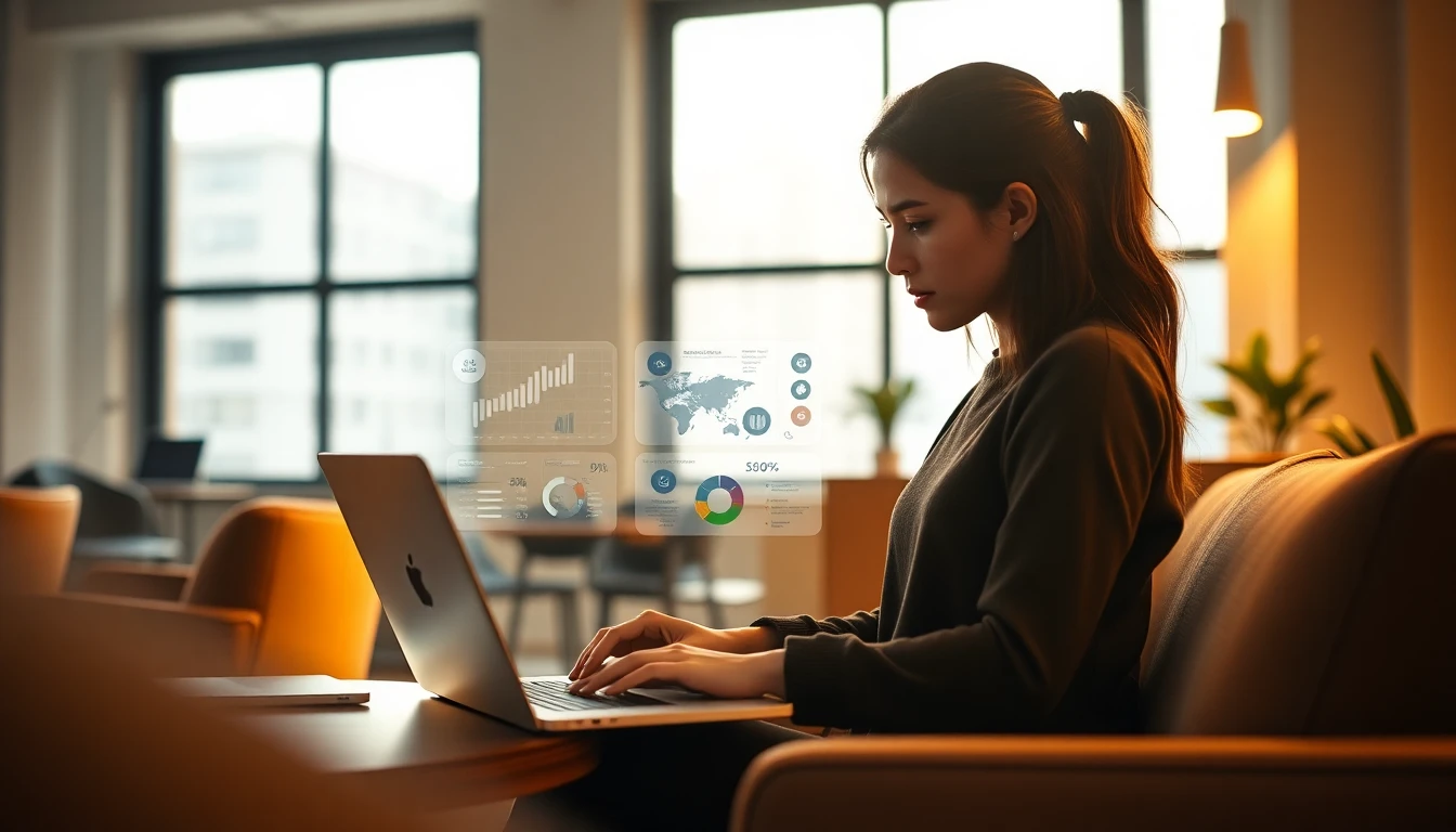 Femme concentrée créant des infographies artistiques avec MidJourney et DALL-E dans un coworking moderne
