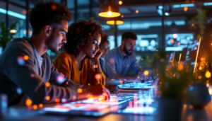 Équipe de marketing digital collaborant autour d'outils IA modernes, illustrant l'innovation et l'analyse de données personnalisées.