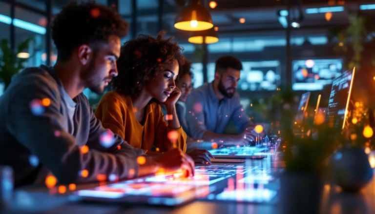 Équipe de marketing digital collaborant autour d'outils IA modernes, illustrant l'innovation et l'analyse de données personnalisées.