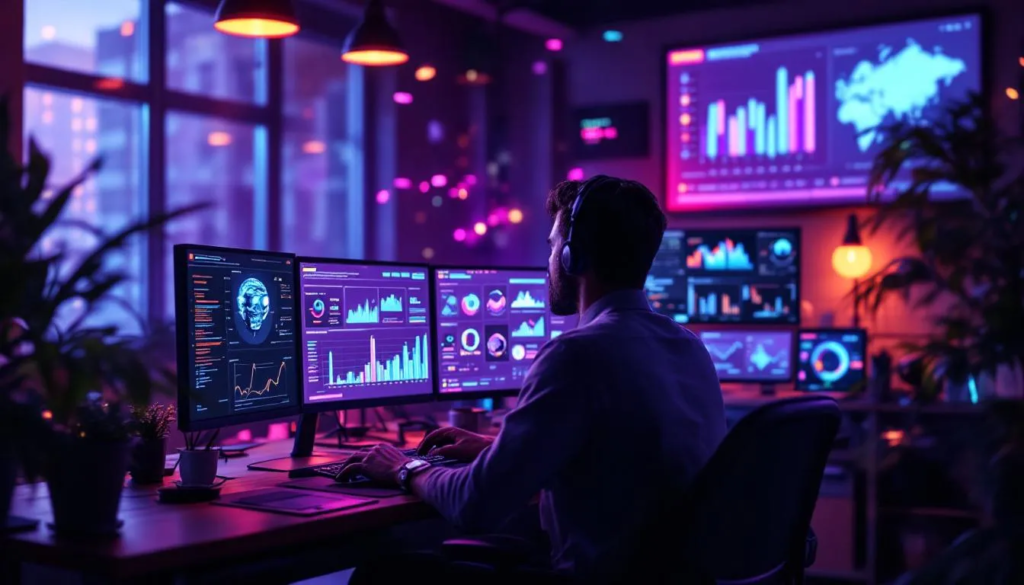 Espace de travail créatif avec des marketeurs analysant des données, illustrant l'impact de l'IA dans les campagnes publicitaires.