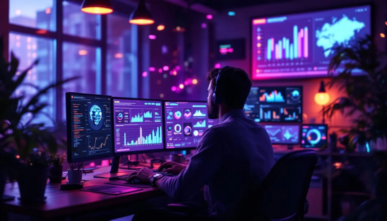 Espace de travail créatif avec des marketeurs analysant des données, illustrant l'impact de l'IA dans les campagnes publicitaires.