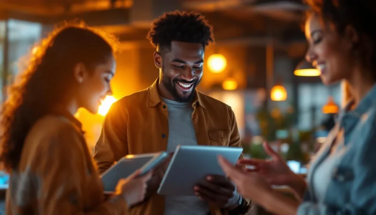 Jeunes professionnels multiculturels en coworking utilisant tablette et ordinateur, lumière chaude illustrant l’IA en marketing digital 2025