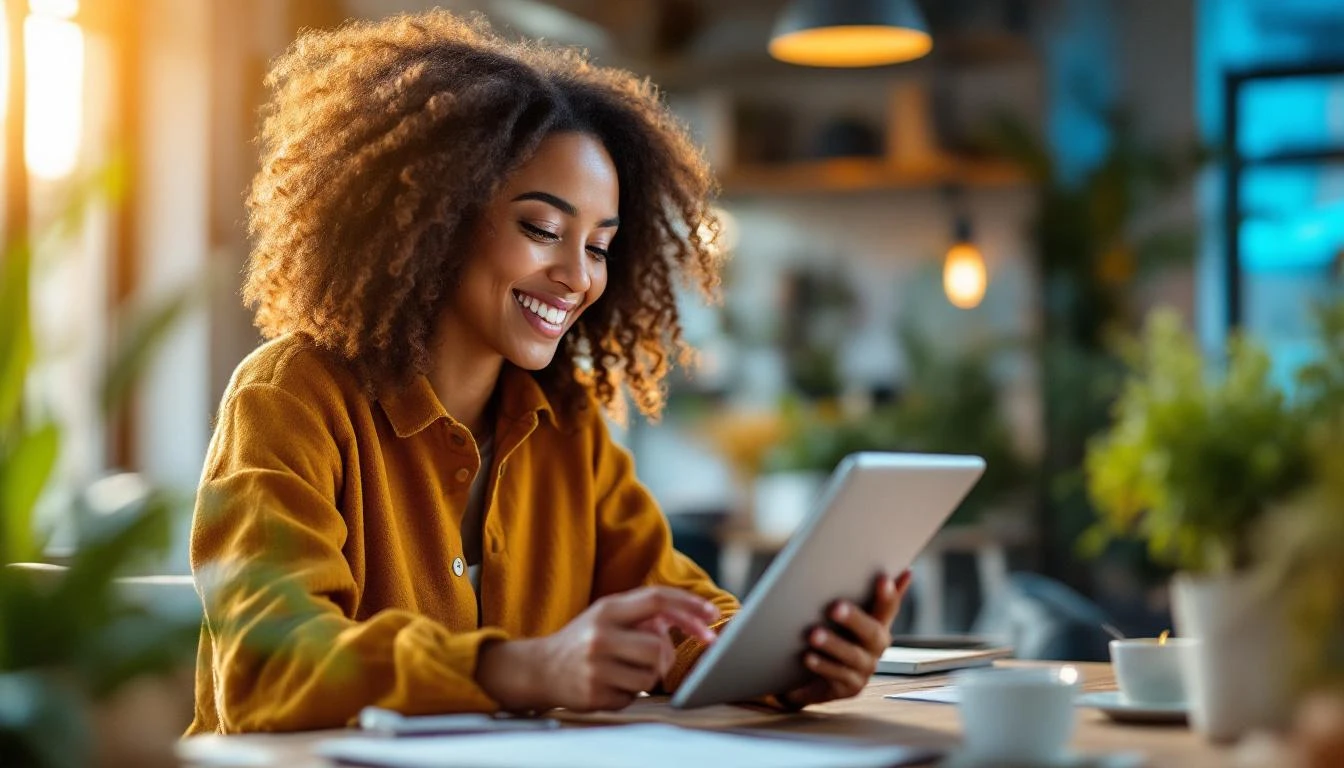 Jeune femme diverse analysant des données marketing sur tablette dans un espace coworking moderne lumineux