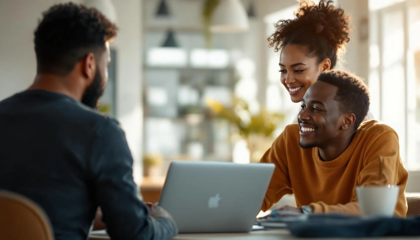 Équipe marketing multiculturelle discutant devant un ordinateur portable, lumière naturelle chaude, illustrant l’automatisation et personnalisation par IA