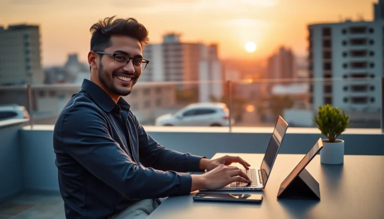 Professionnel souriant créant des infographies IA sur un rooftop moderne au coucher du soleil