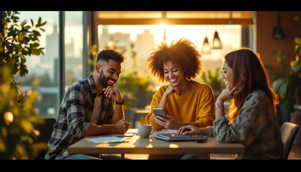 Professionnels diversifiés collaborant sur un rooftop lumineux avec tablette et smartphone en marketing digital IA 2025