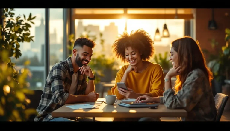 Professionnels diversifiés collaborant sur un rooftop lumineux avec tablette et smartphone en marketing digital IA 2025