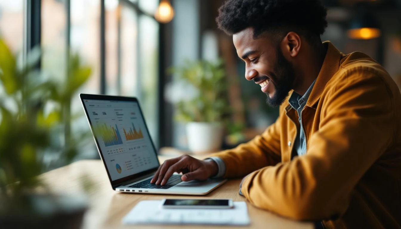 Marketeur divers analysant données comportementales sur ordinateur pour optimisation IA en startup