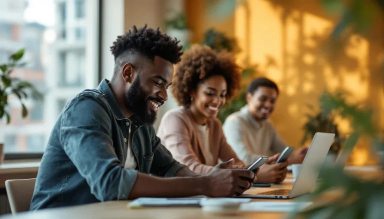 Professionnels utilisant l’IA pour optimiser marketing digital dans un coworking moderne en journée