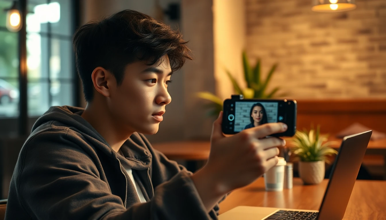 Personne authentique filmant une vidéo courte TikTok dans un café urbain moderne