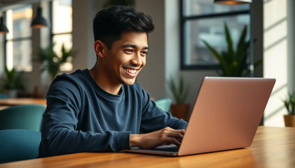 Jeune créateur de contenu concentré dans un coworking moderne travaillant sur TikTok en 2025